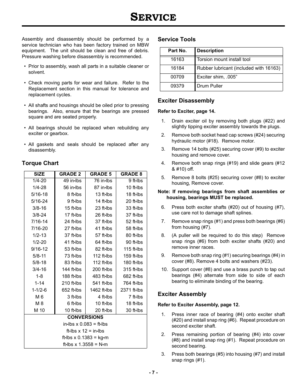 Service, Torque chart, Service tools | Exciter disassembly, Exciter assembly, Ervice, Torque chart service tools exciter disassembly | MBW EXA30 User Manual | Page 10 / 21
