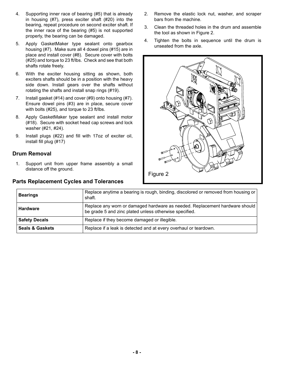 Drum removal, Parts replacement cycles and tolerances | MBW EXA30 User Manual | Page 11 / 21