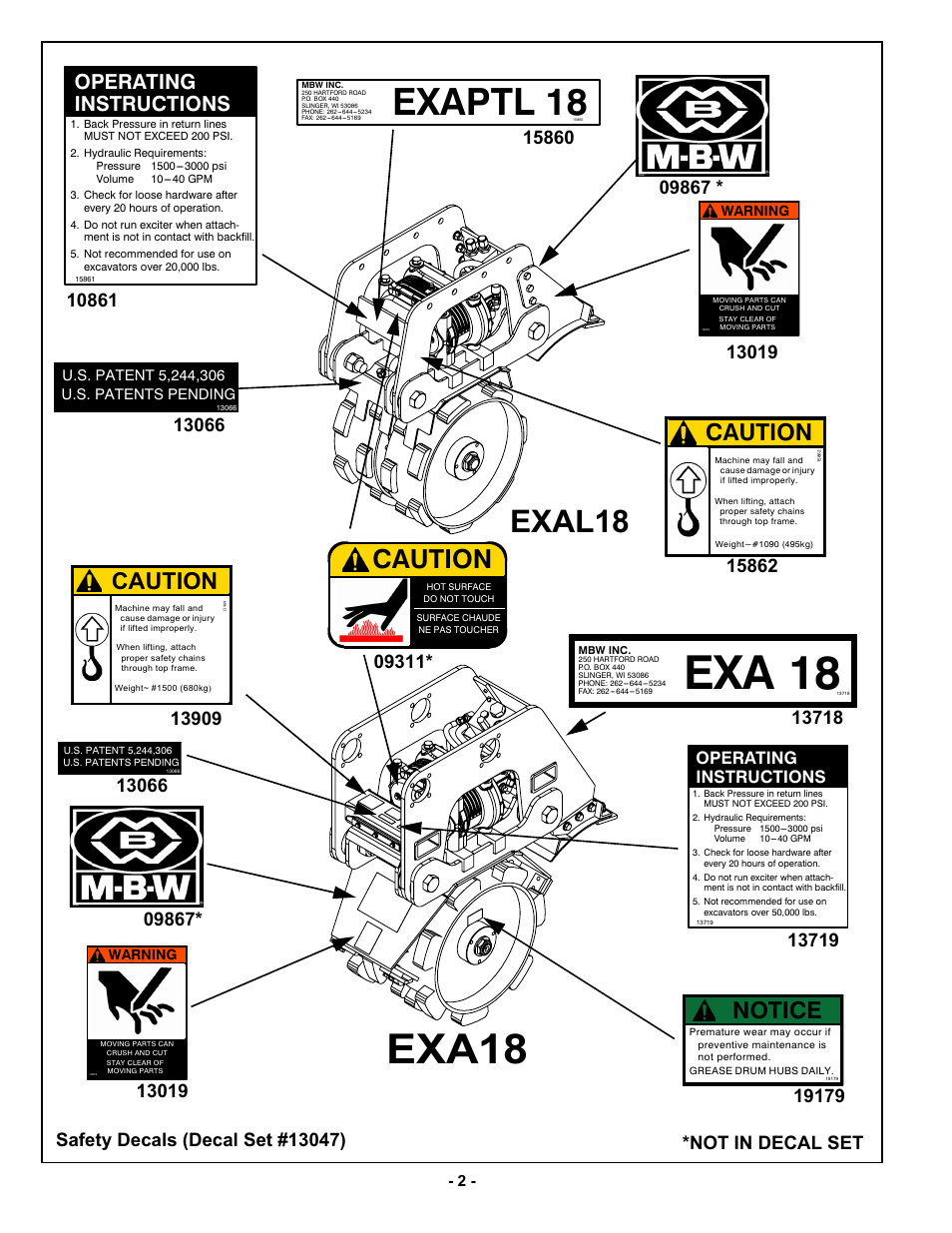 Exa 18, Exa18, Exaptl 18 | Exal18, Caution, Notice, Not in decal set, Operating instructions | MBW EXA30 User Manual | Page 5 / 21
