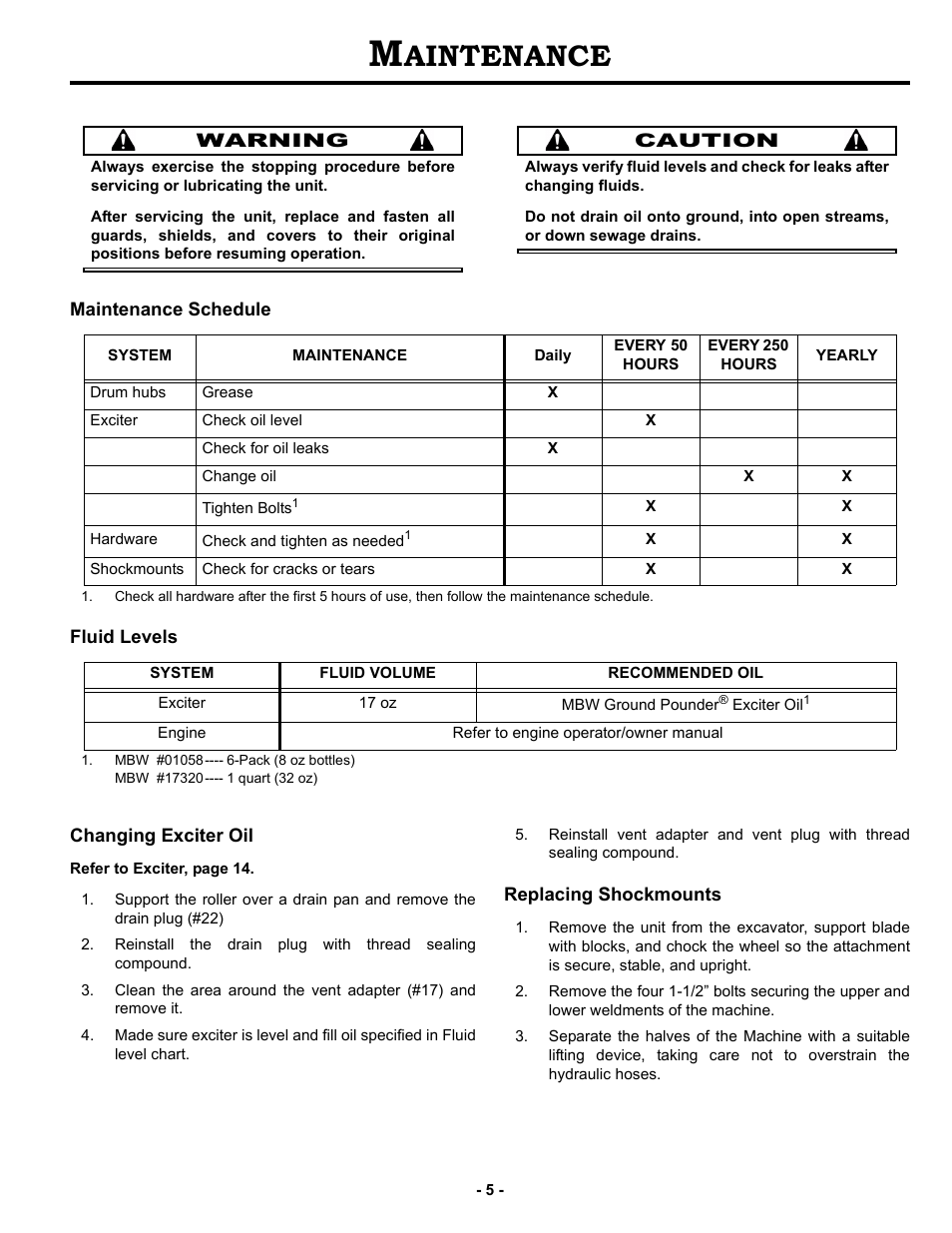 Maintenance, Maintenance schedule, Fluid levels | Changing exciter oil, Replacing shockmounts, Aintenance | MBW EXA30 User Manual | Page 8 / 21