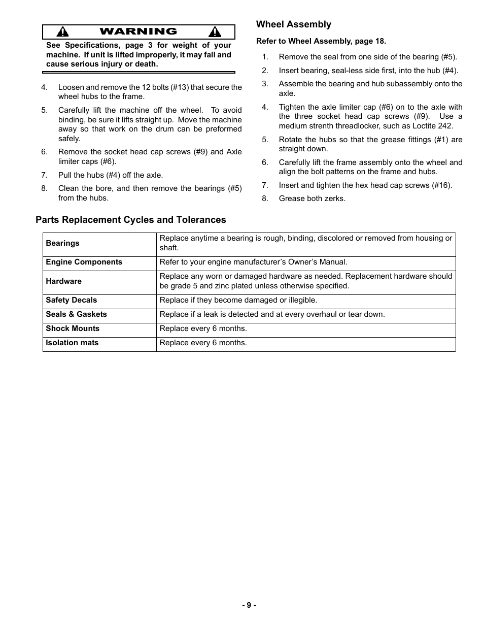 Wheel assembly, Parts replacement cycles and tolerances | MBW UV-10K User Manual | Page 12 / 25