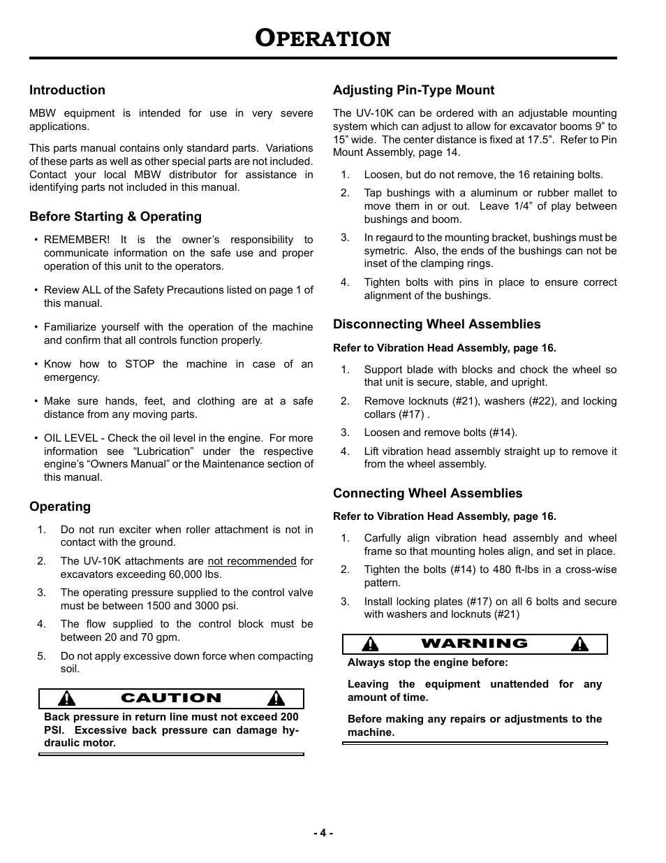 Operation, Introduction, Before starting & operating | Operating, Adjusting pin-type mount, Disconnecting wheel assemblies, Connecting wheel assemblies, Peration | MBW UV-10K User Manual | Page 7 / 25