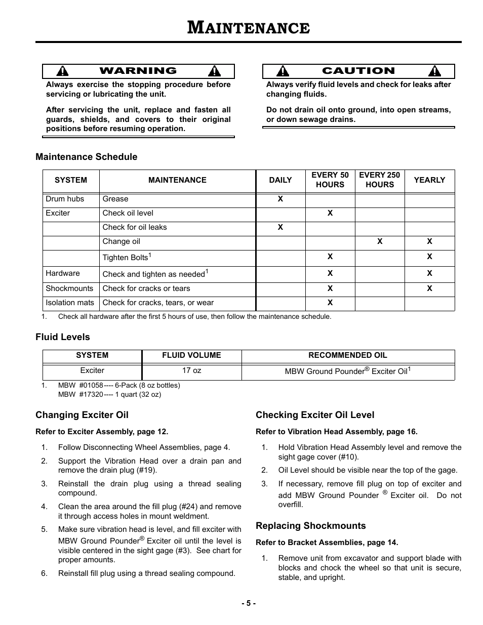 Maintenance, Maintenance schedule, Fluid levels | Changing exciter oil, Checking exciter oil level, Replacing shockmounts, Aintenance | MBW UV-10K User Manual | Page 8 / 25