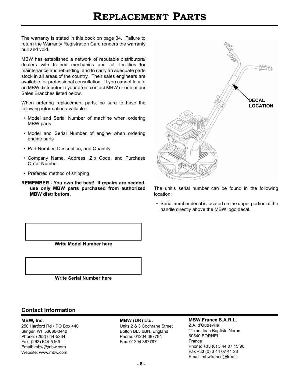 Replacement parts, Eplacement, Arts | MBW F24/4 User Manual | Page 11 / 14