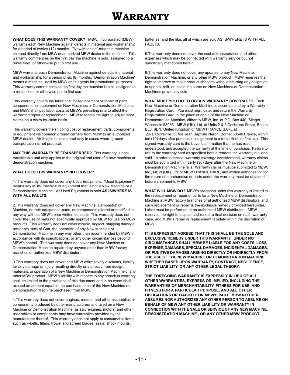 Warranty, Arranty | MBW F24/4 User Manual | Page 14 / 14