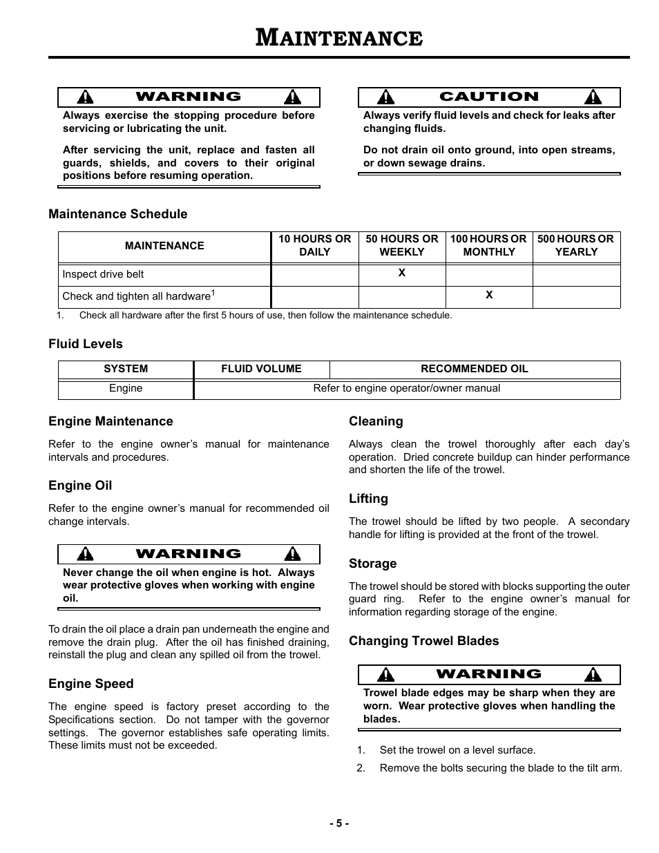 Maintenance, Maintenance schedule, Fluid levels | Engine maintenance, Engine oil, Engine speed, Cleaning, Lifting, Storage, Changing trowel blades | MBW F24/4 User Manual | Page 8 / 14