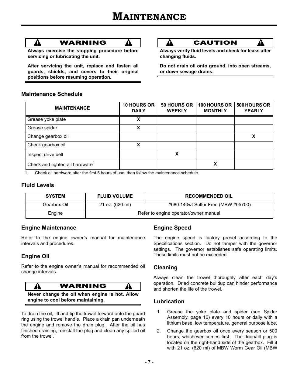 Maintenance, Maintenance schedule, Fluid levels | Engine maintenance, Engine oil, Engine speed, Cleaning, Lubrication, Aintenance | MBW F46/4 User Manual | Page 10 / 29