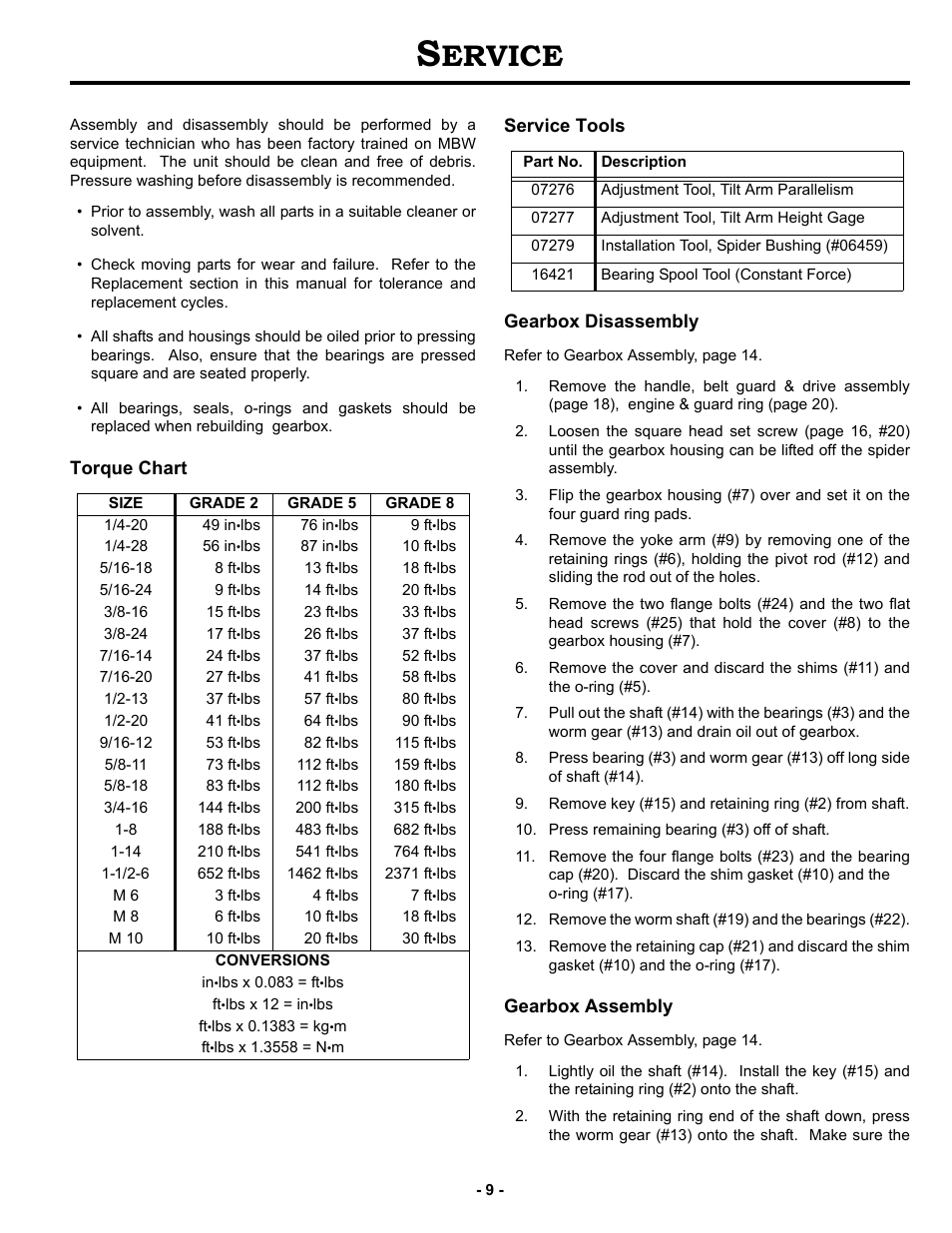 Service, Torque chart, Service tools | Gearbox disassembly, Gearbox assembly, Ervice, Torque chart service tools gearbox disassembly | MBW F46/4 User Manual | Page 12 / 29