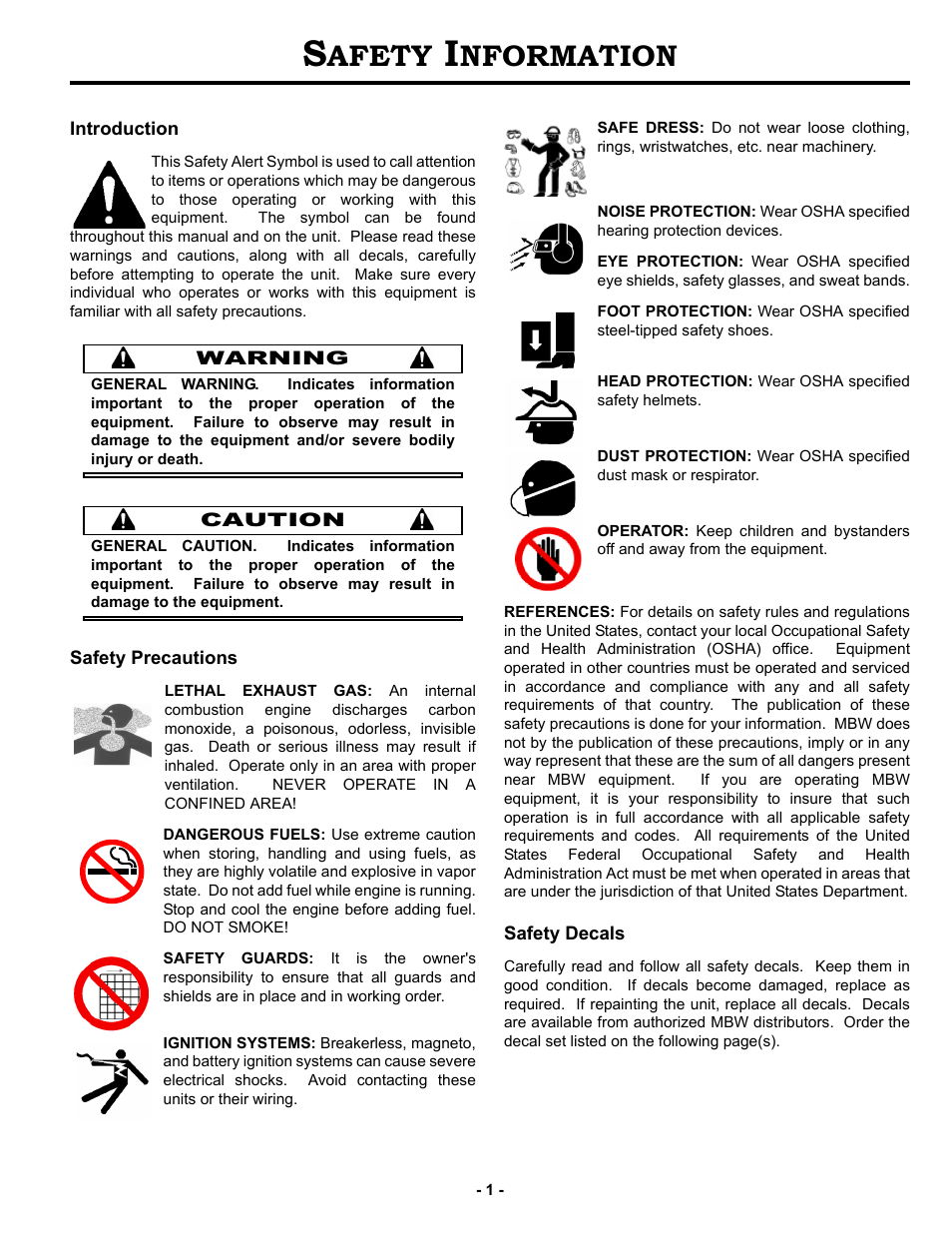 Safety information, Introduction, Safety precautions | Safety decals, Afety, Nformation | MBW F46/4 User Manual | Page 4 / 29