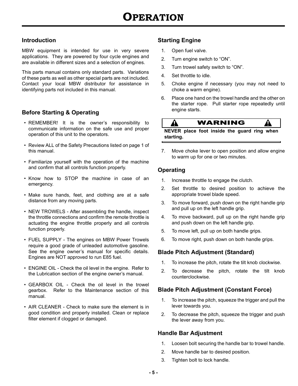 Operation, Introduction, Before starting & operating | Starting engine, Operating, Blade pitch adjustment (standard), Blade pitch adjustment (constant force), Handle bar adjustment, Peration | MBW F46/4 User Manual | Page 8 / 29