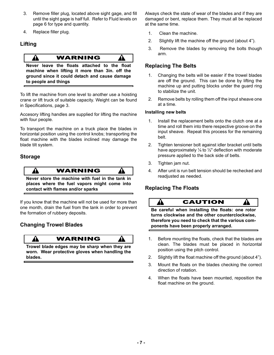 Lifting, Storage, Changing trowel blades | Replacing the belts, Replacing the floats | MBW MK8 75 User Manual | Page 10 / 21