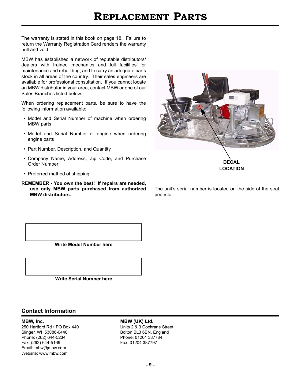 Replacement parts, Eplacement, Arts | MBW MK8 75 User Manual | Page 12 / 21