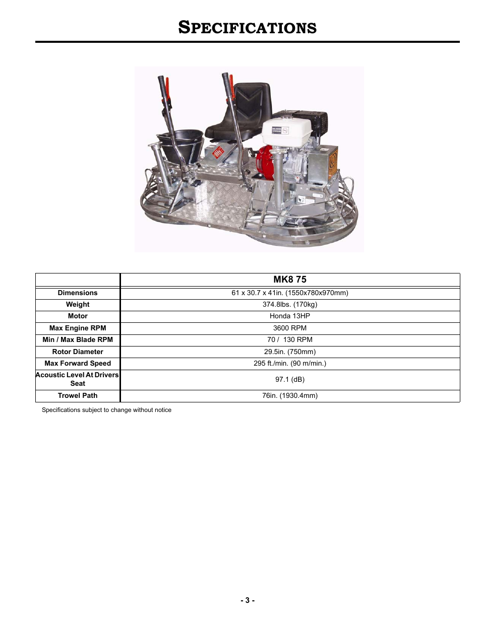 Specifications, Pecifications | MBW MK8 75 User Manual | Page 6 / 21