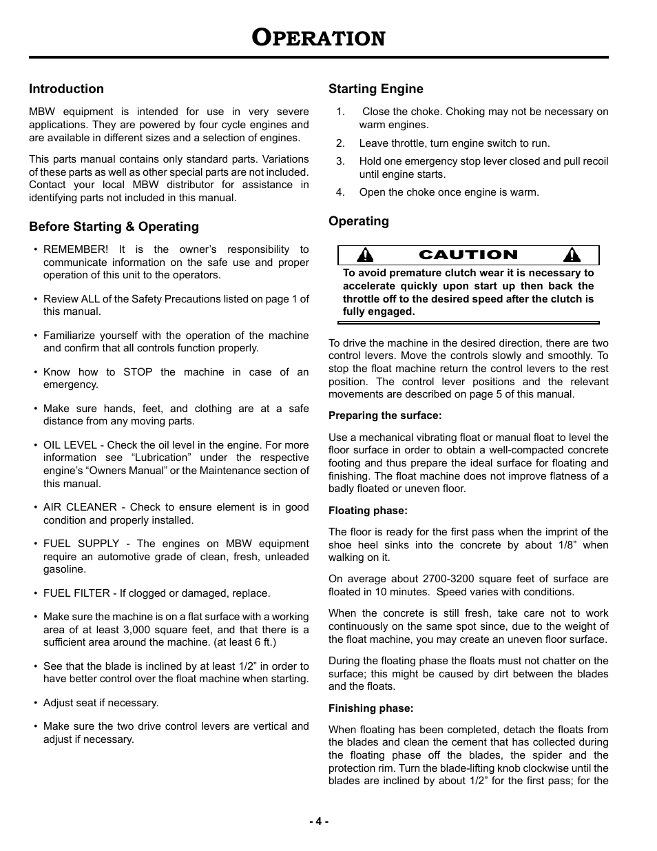 Operation, Introduction, Before starting & operating | Starting engine, Operating, Peration | MBW MK8 75 User Manual | Page 7 / 21