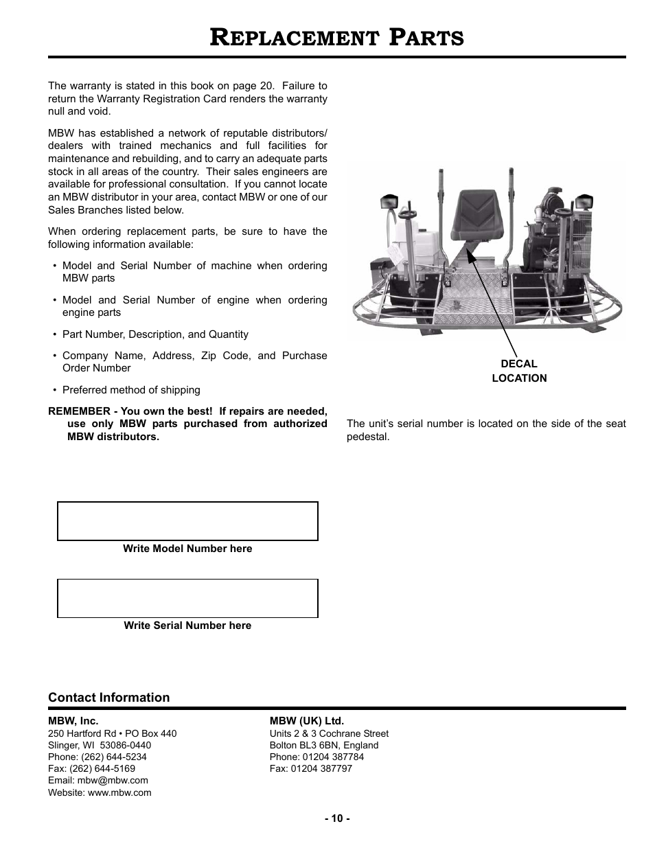 Replacement parts, Eplacement, Arts | MBW MK8 90 User Manual | Page 13 / 23