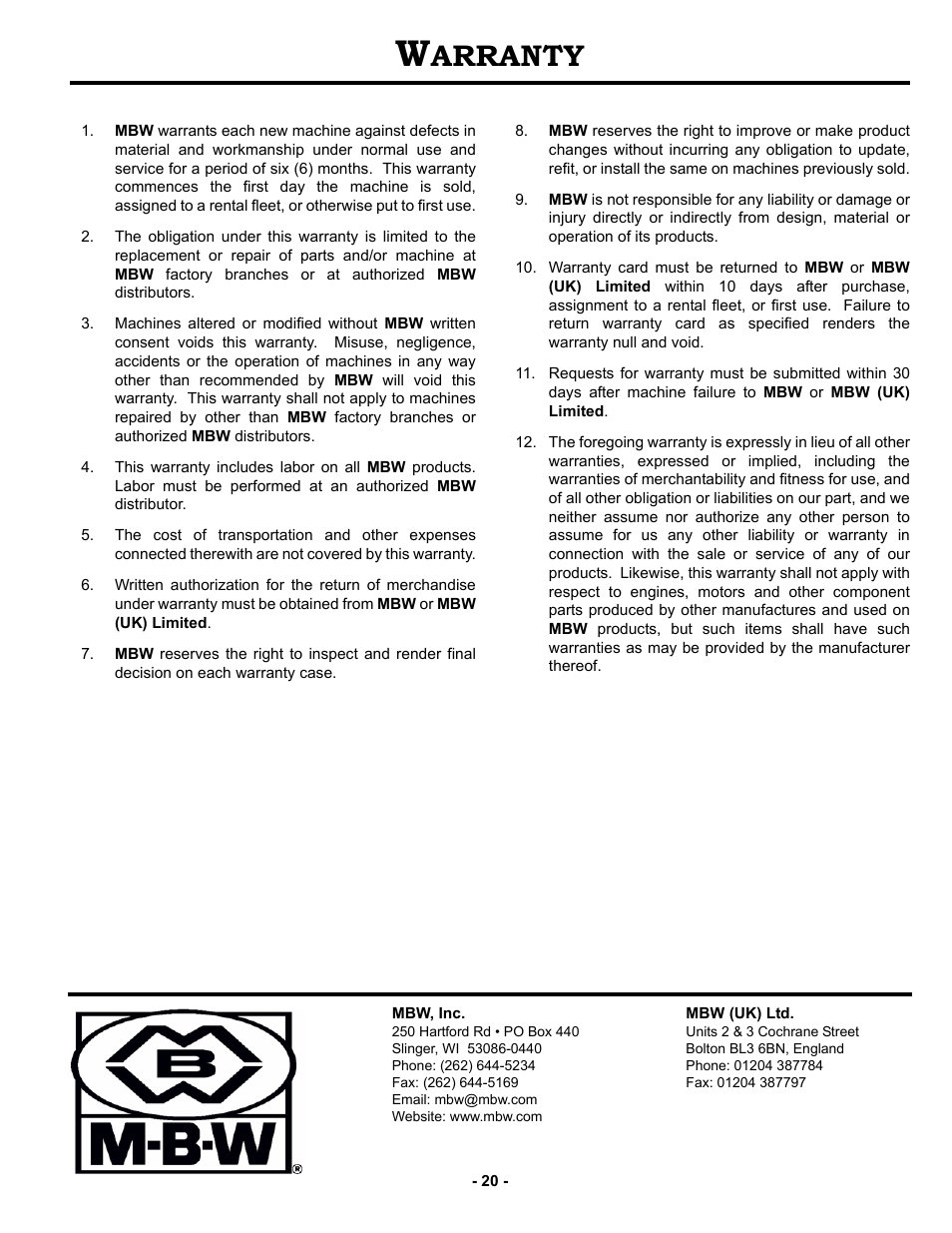 Warranty, Arranty | MBW MK8 90 User Manual | Page 23 / 23