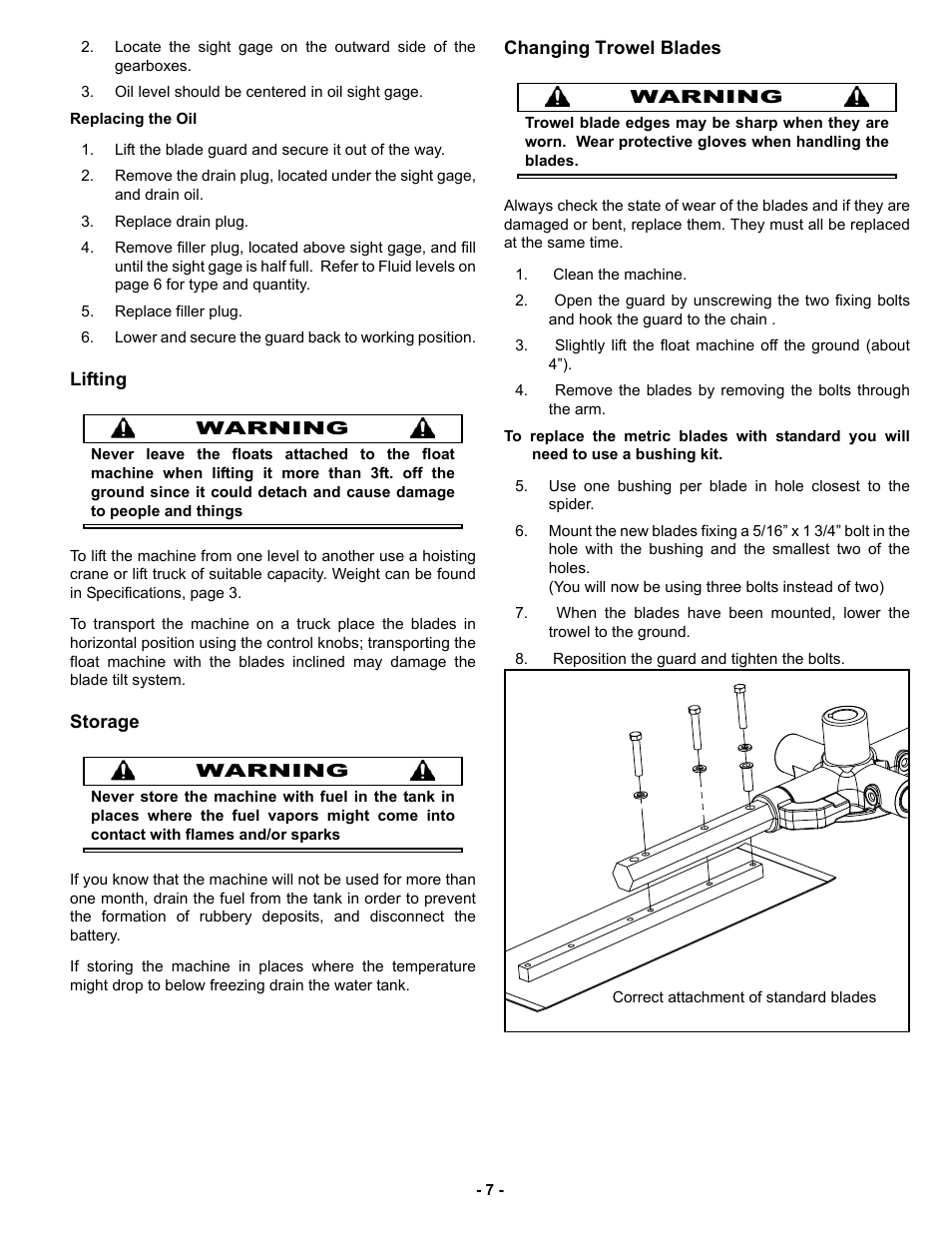 Lifting, Storage, Changing trowel blades | MBW MK8 120 User Manual | Page 10 / 24