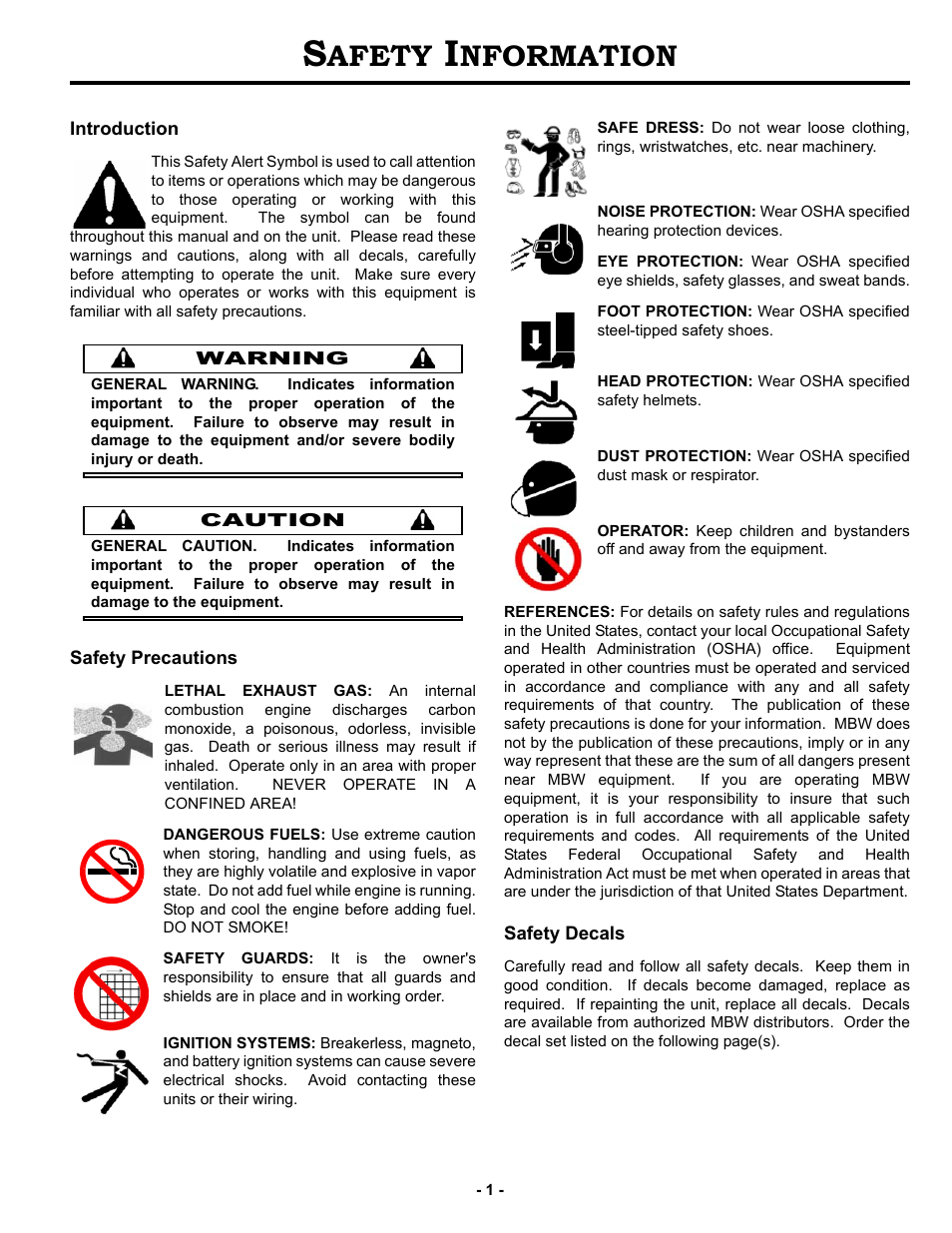 Safety information, Introduction, Safety precautions | Safety decals, Afety, Nformation | MBW MK8 120 User Manual | Page 4 / 24
