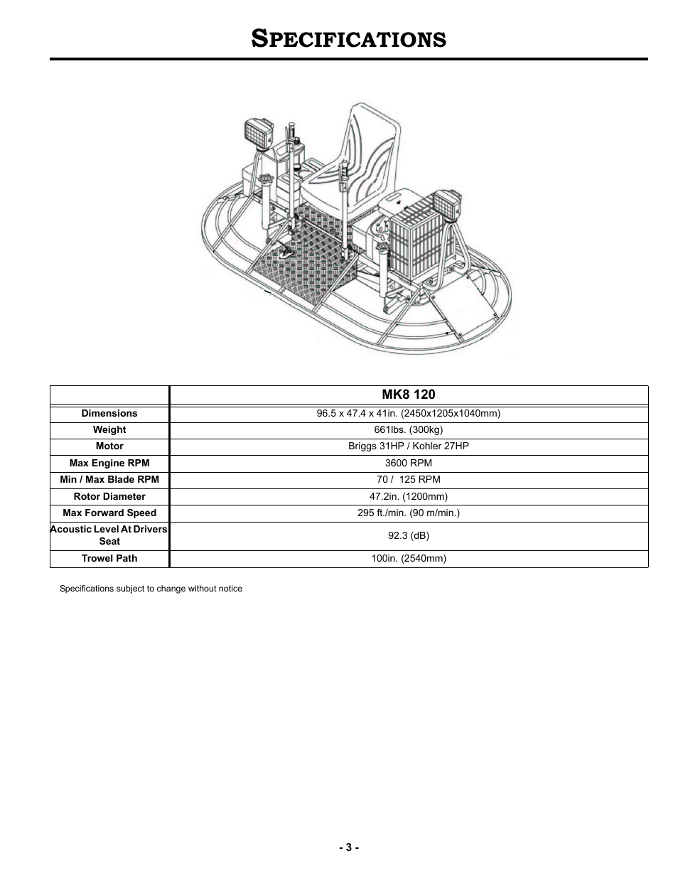 Specifications, Pecifications | MBW MK8 120 User Manual | Page 6 / 24