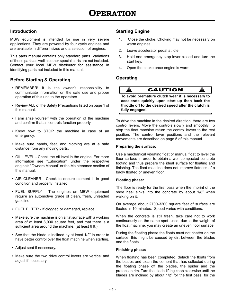 Operation, Introduction, Before starting & operating | Starting engine, Operating, Peration | MBW MK8 120 User Manual | Page 7 / 24