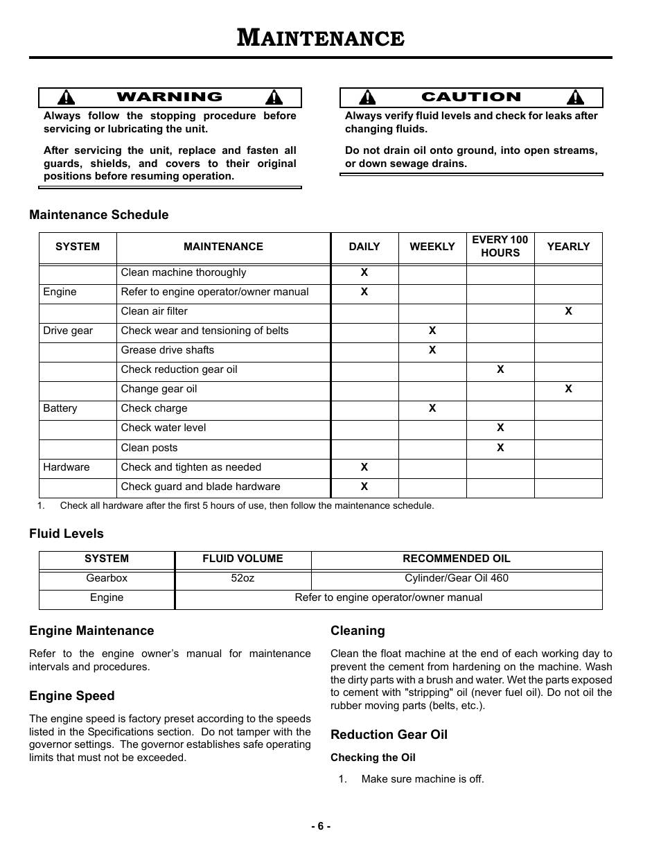 Maintenance, Maintenance schedule, Fluid levels | Engine maintenance, Engine speed, Cleaning, Reduction gear oil, Aintenance | MBW MK8 120 User Manual | Page 9 / 24