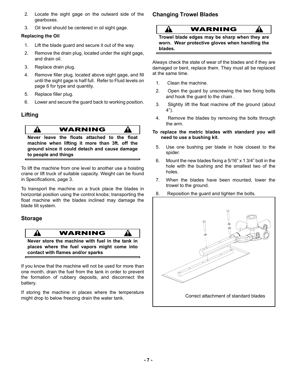 Lifting, Storage, Changing trowel blades | MBW MK8 121 User Manual | Page 10 / 23