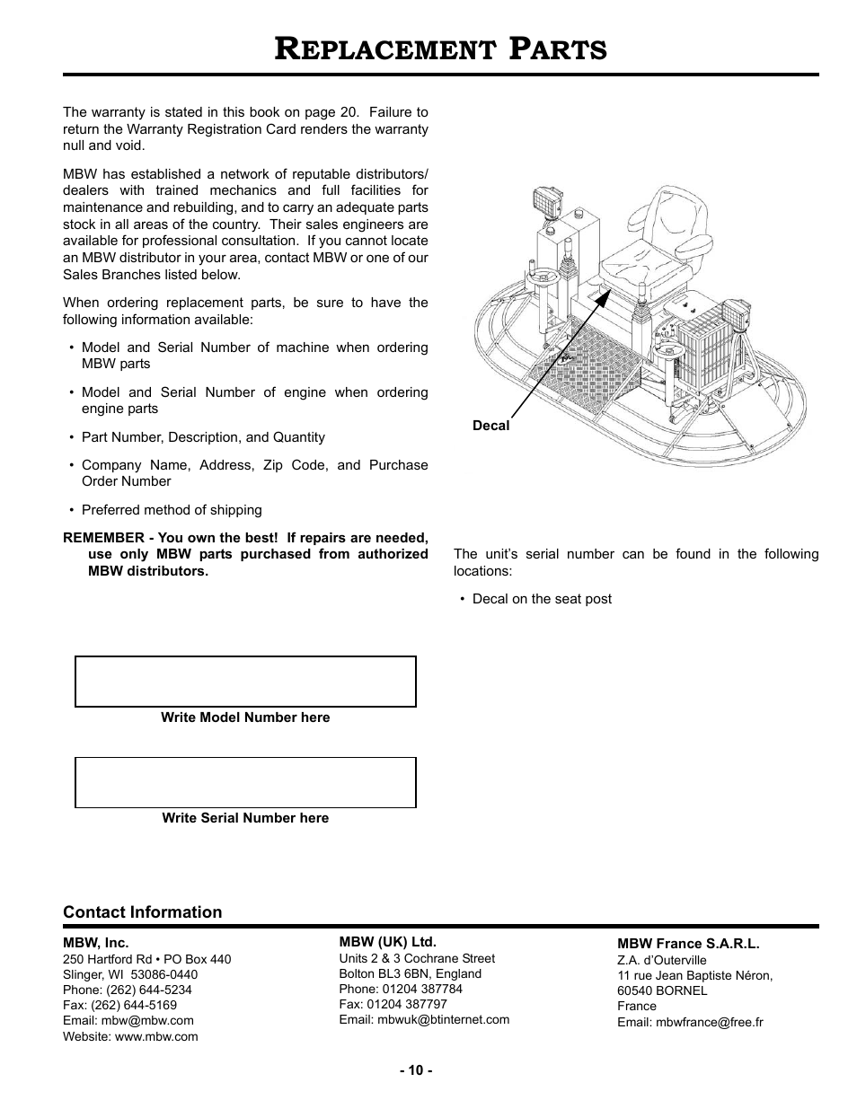 Replacement parts, Eplacement, Arts | MBW MK8 121 User Manual | Page 13 / 23