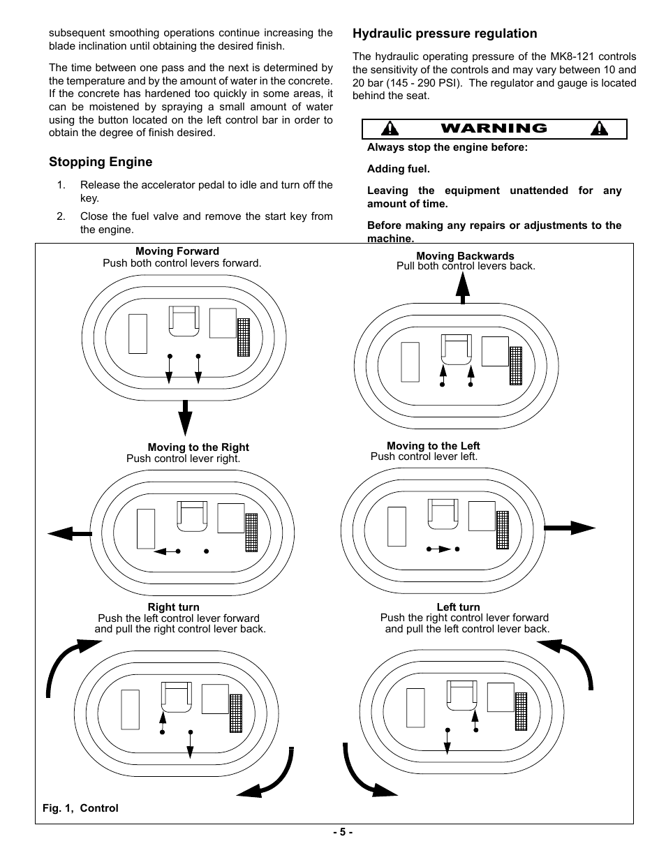 Stopping engine, Hydraulic pressure regulation | MBW MK8 121 User Manual | Page 8 / 23