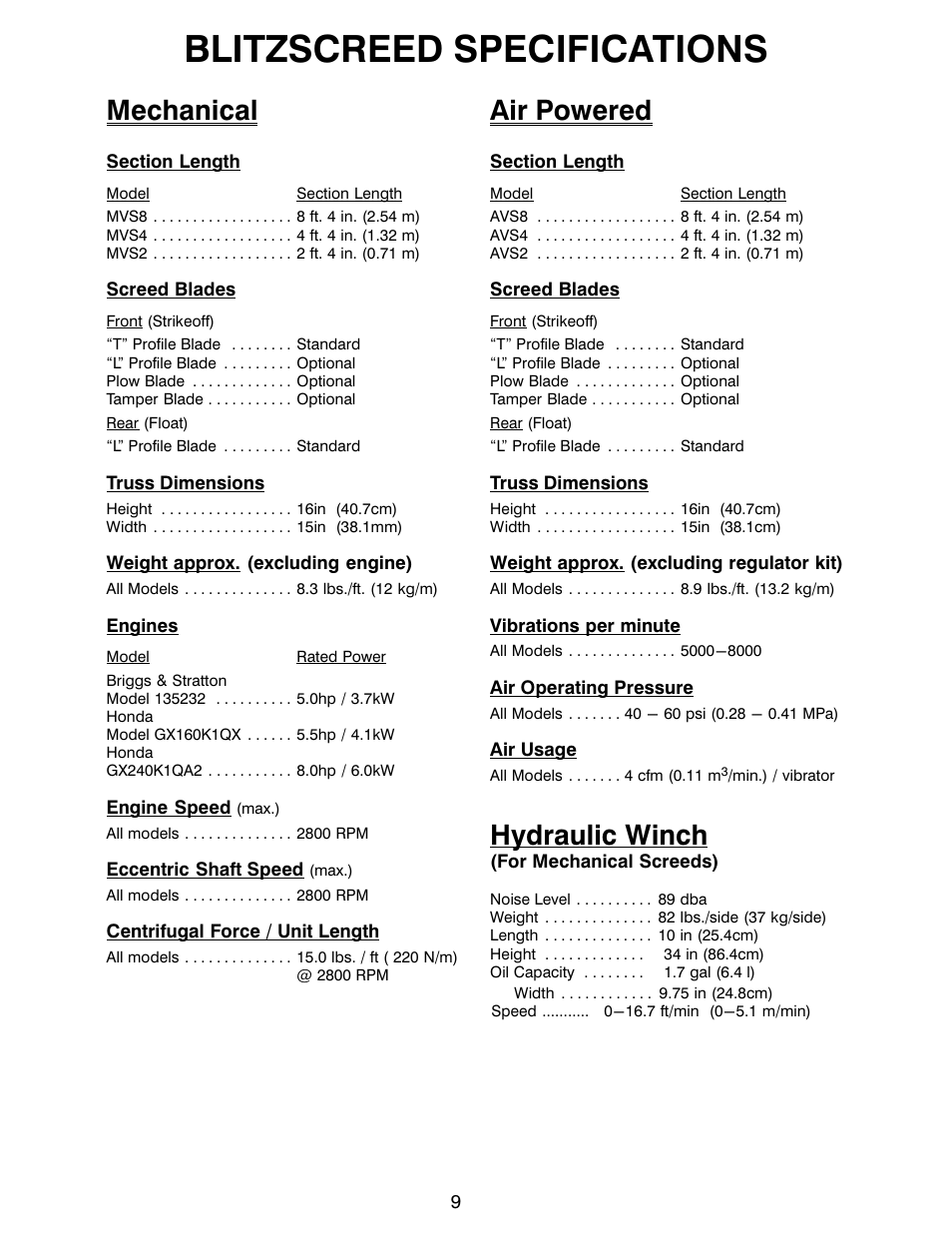 Blitzscreed specifications, Mechanical, Air powered | Hydraulic winch | MBW Blitzscreed User Manual | Page 11 / 56