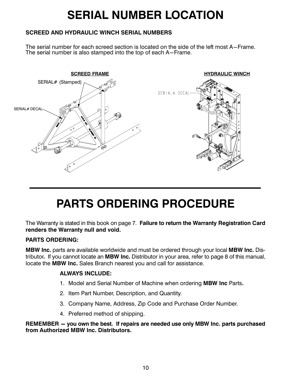 Serial number location, Parts ordering procedure | MBW Blitzscreed User Manual | Page 12 / 56