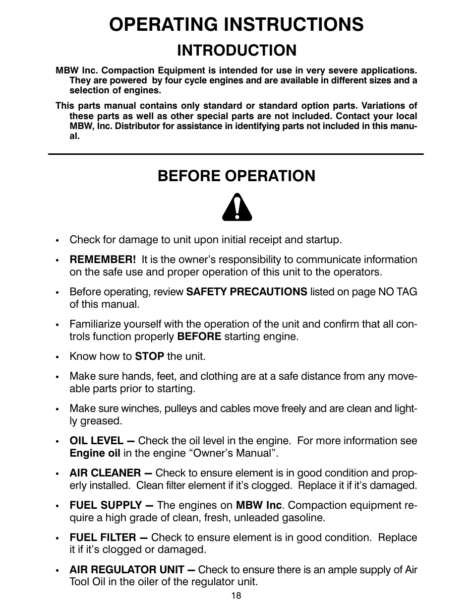 Operating instructions, Introduction, Before operation | MBW Blitzscreed User Manual | Page 20 / 56