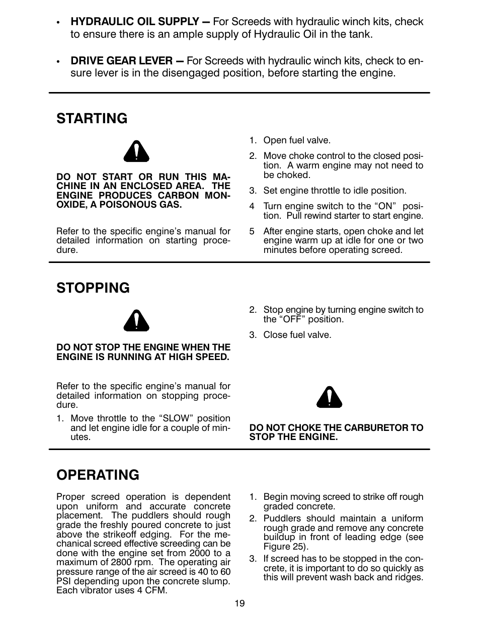 Starting, Stopping, Operating | MBW Blitzscreed User Manual | Page 21 / 56