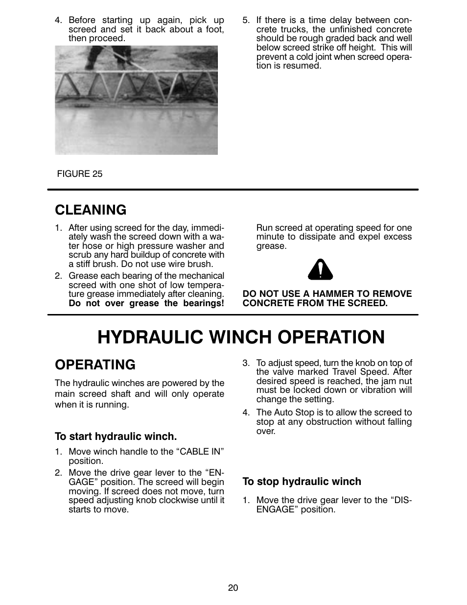 Hydraulic winch operation, Cleaning, Operating | MBW Blitzscreed User Manual | Page 22 / 56