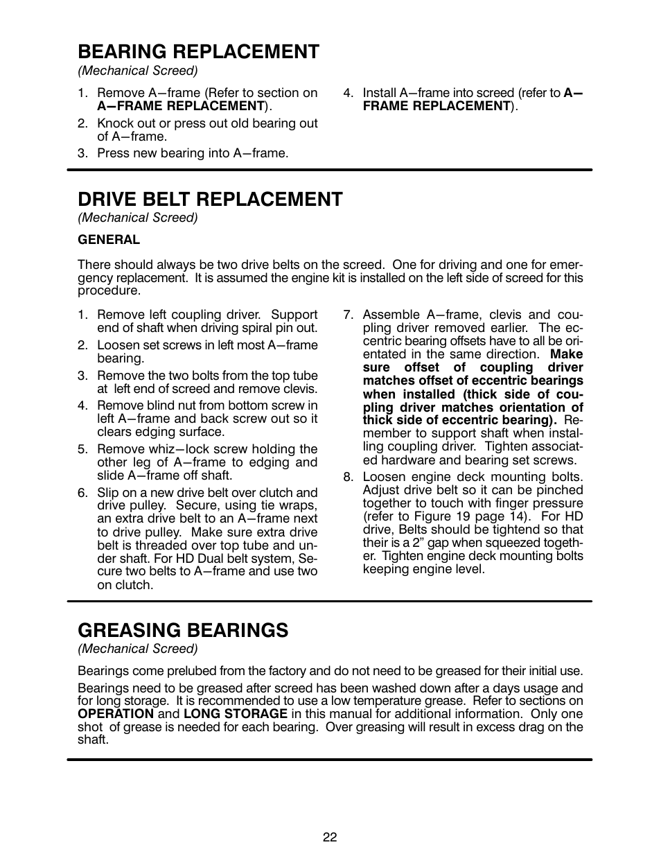 Bearing replacement, Drive belt replacement, Greasing bearings | MBW Blitzscreed User Manual | Page 24 / 56