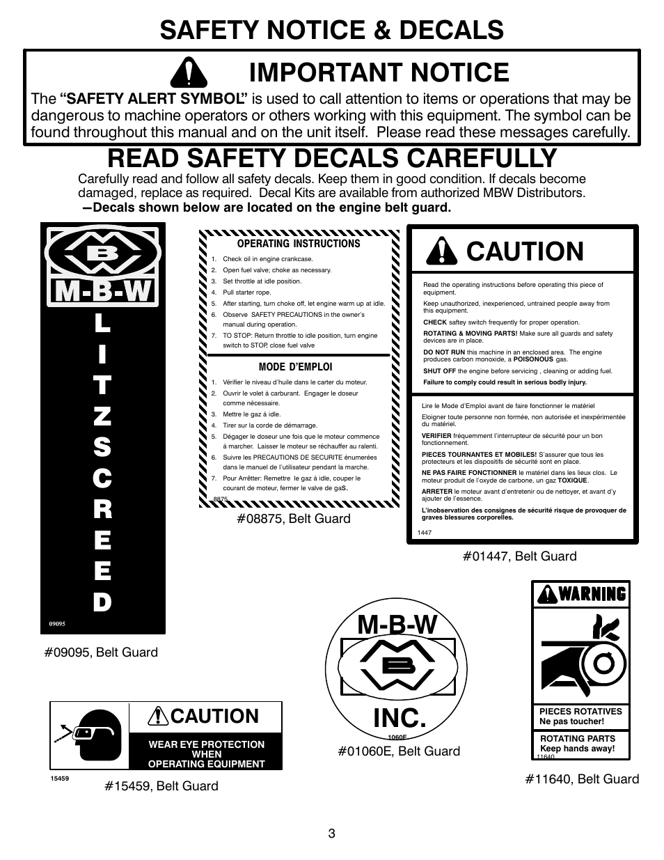 Safety notice & decals important notice, Read safety decals carefully, Caution | MBW Blitzscreed User Manual | Page 5 / 56