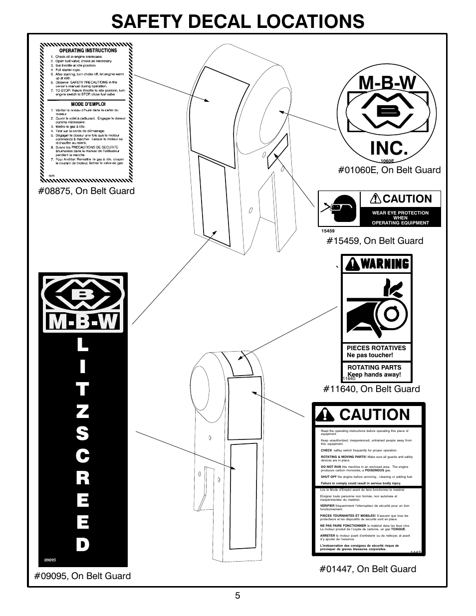 Mćbćw inc, Safety decal locations, Caution | MBW Blitzscreed User Manual | Page 7 / 56
