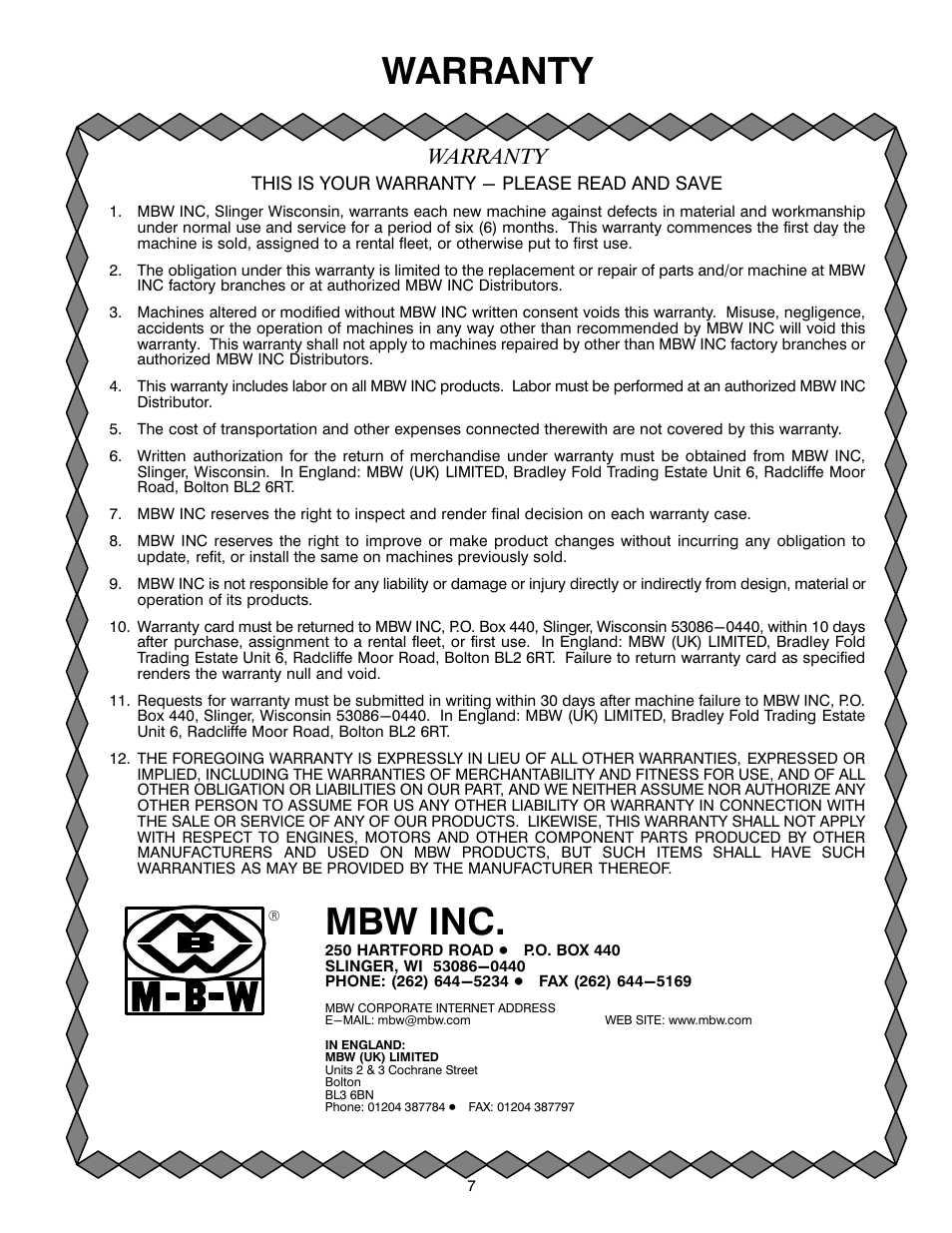 Warranty, Mbw inc | MBW Blitzscreed User Manual | Page 9 / 56