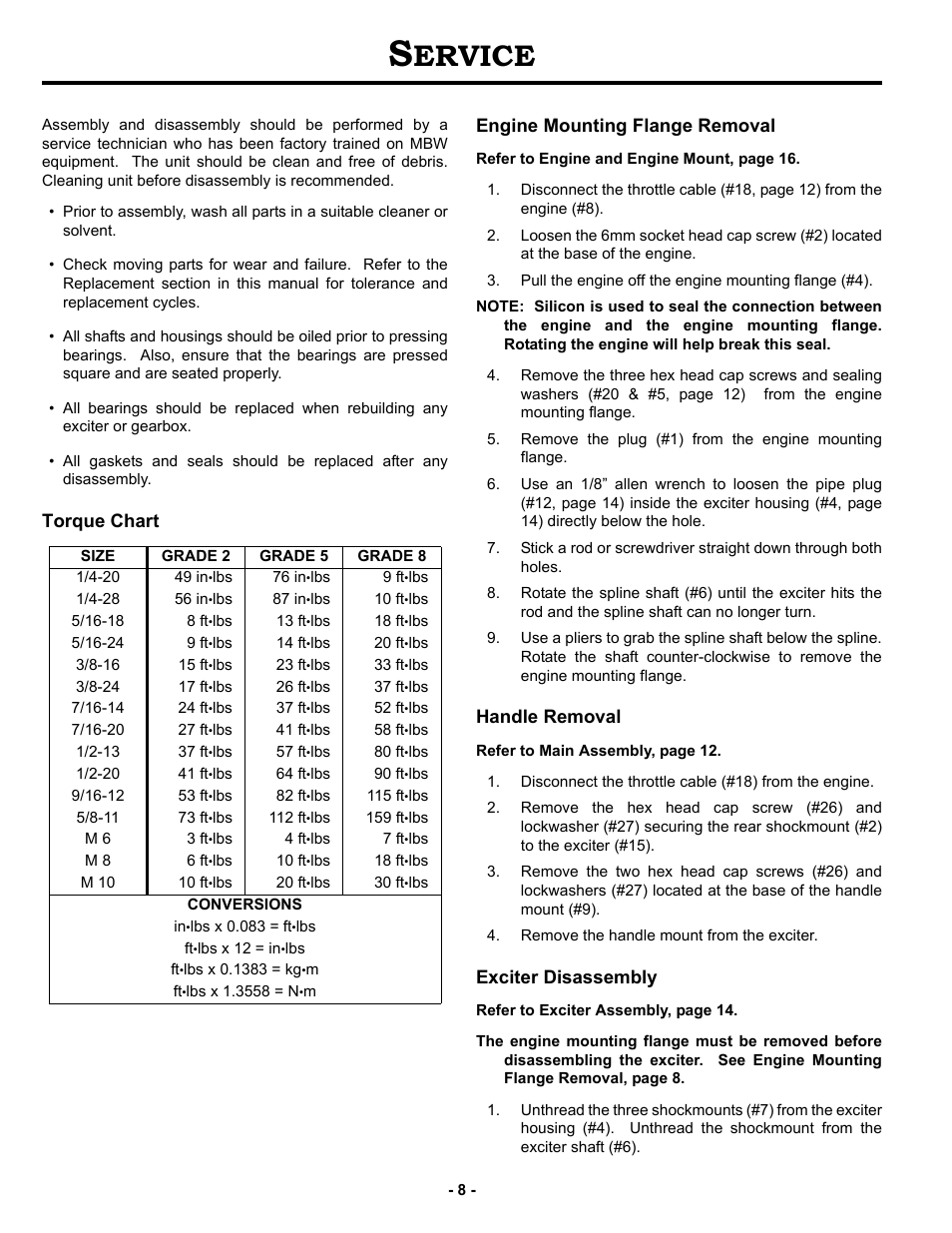 Service, Torque chart, Engine mounting flange removal | Handle removal, Exciter disassembly, Ervice, Torque chart engine mounting flange removal | MBW WS500 User Manual | Page 11 / 21