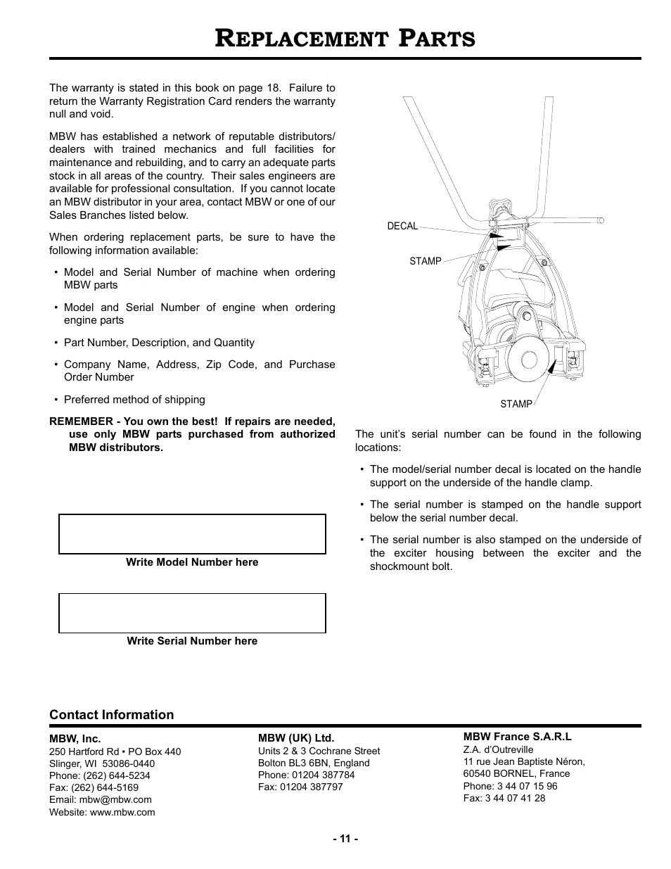 Eplacement, Arts | MBW WS500 User Manual | Page 14 / 21