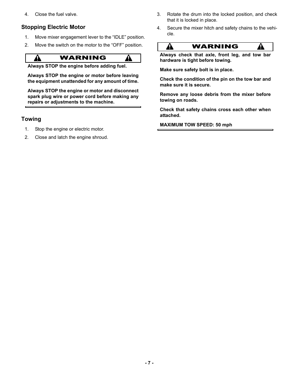 Stopping electric motor, Towing | MBW MM90 User Manual | Page 10 / 33