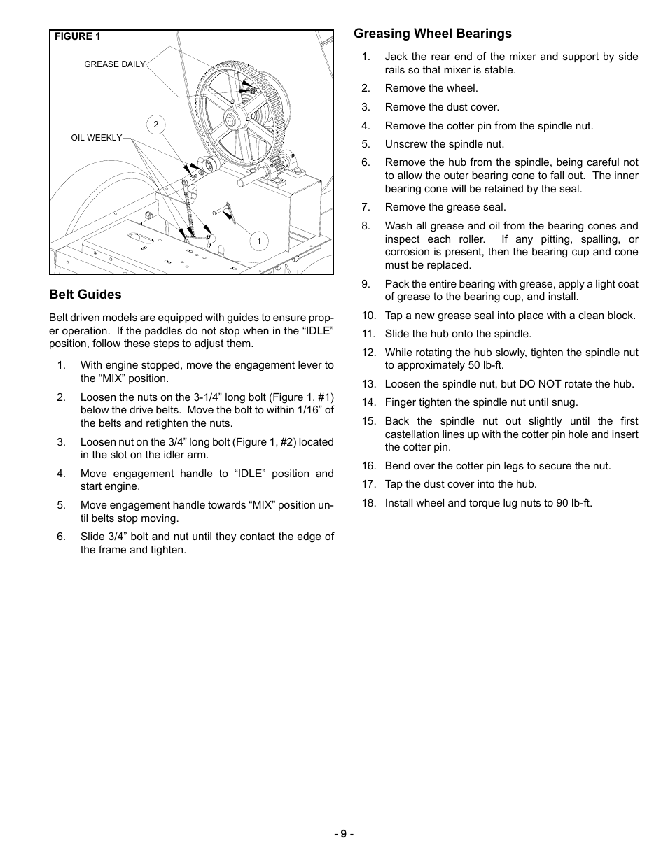 Belt guides, Greasing wheel bearings | MBW MM90 User Manual | Page 12 / 33