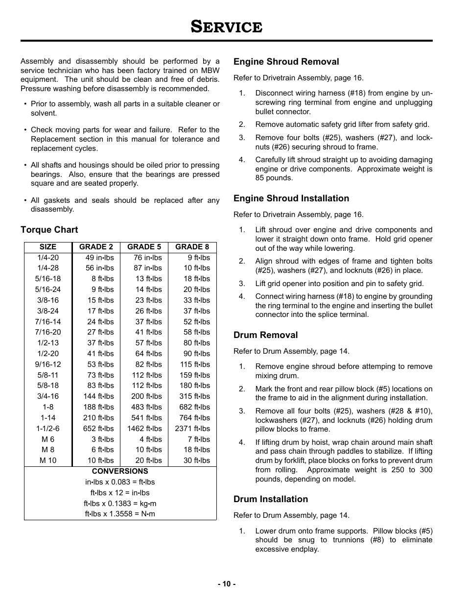 Service, Engine shroud removal, Engine shroud installation | Drum removal, Drum installation, Ervice, Torque chart engine shroud removal | MBW MM90 User Manual | Page 13 / 33