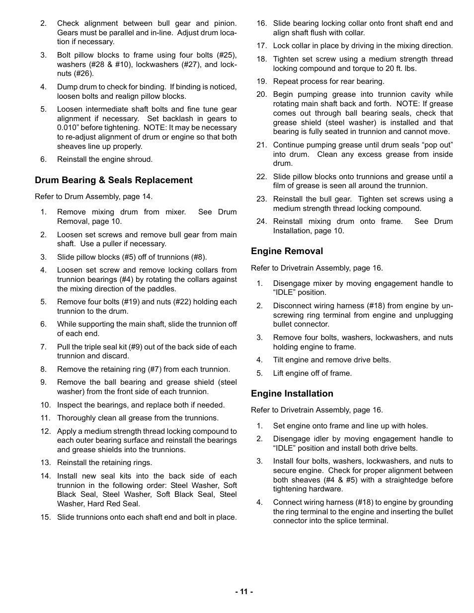 Drum bearing & seals replacement, Engine removal, Engine installation | MBW MM90 User Manual | Page 14 / 33