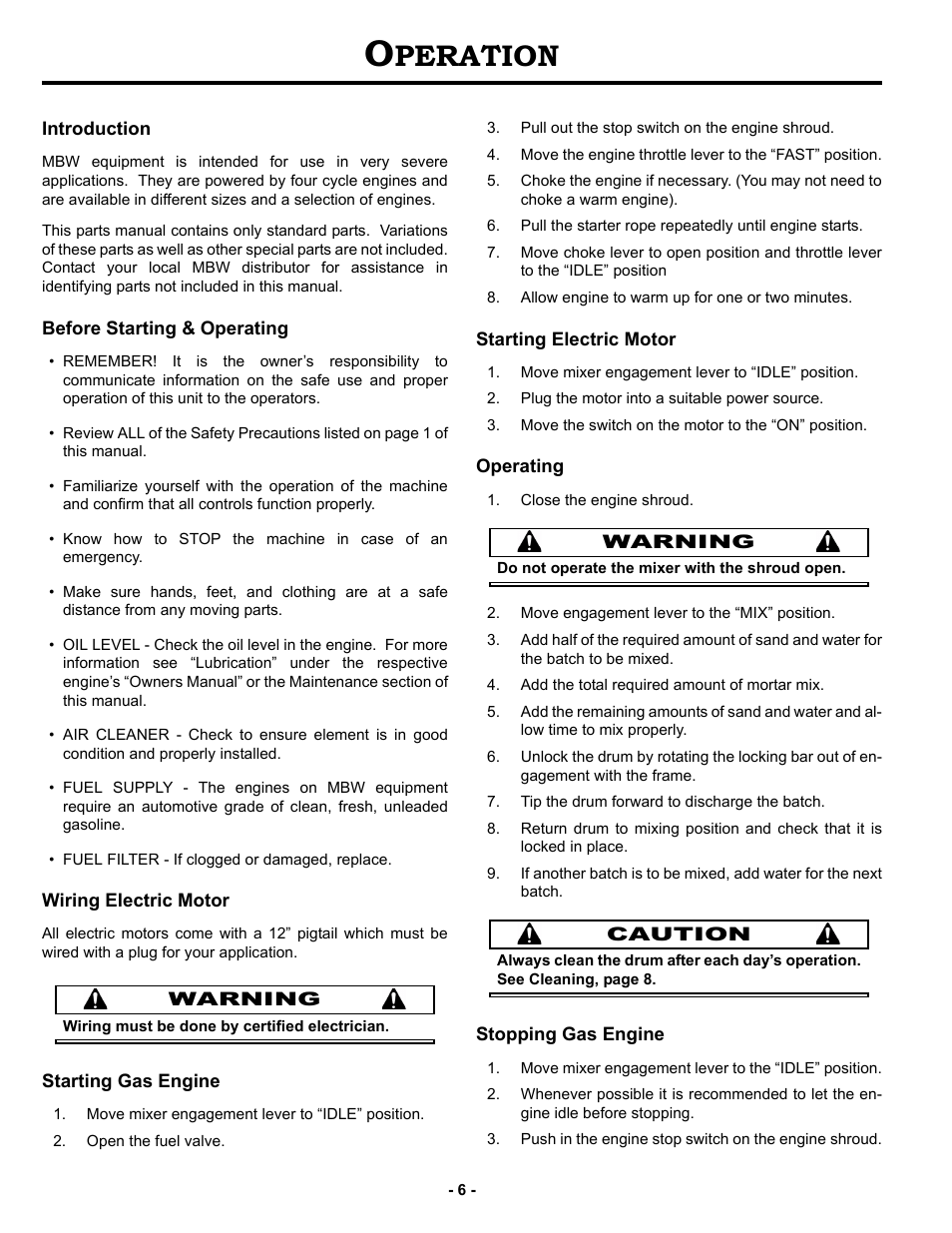 Operation, Introduction, Before starting & operating | Wiring electric motor, Starting gas engine, Starting electric motor, Operating, Stopping gas engine, Peration | MBW MM90 User Manual | Page 9 / 33