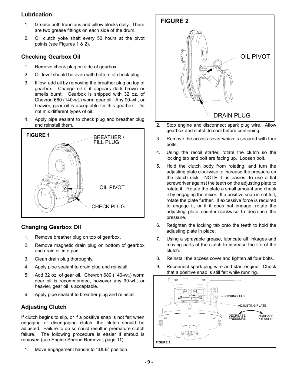 Lubrication, Checking gearbox oil, Changing gearbox oil | Adjusting clutch, Figure 2 drain plug oil pivot | MBW MM120 User Manual | Page 12 / 33