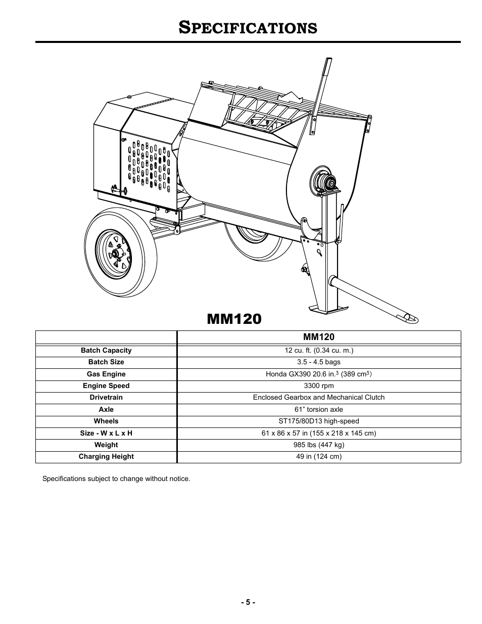 Specifications, Pecifications, Mm120 | MBW MM120 User Manual | Page 8 / 33