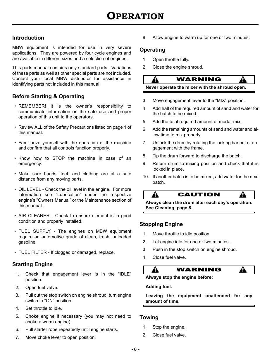 Operation, Introduction, Before starting & operating | Starting engine, Operating, Stopping engine, Towing, Peration | MBW MM120 User Manual | Page 9 / 33