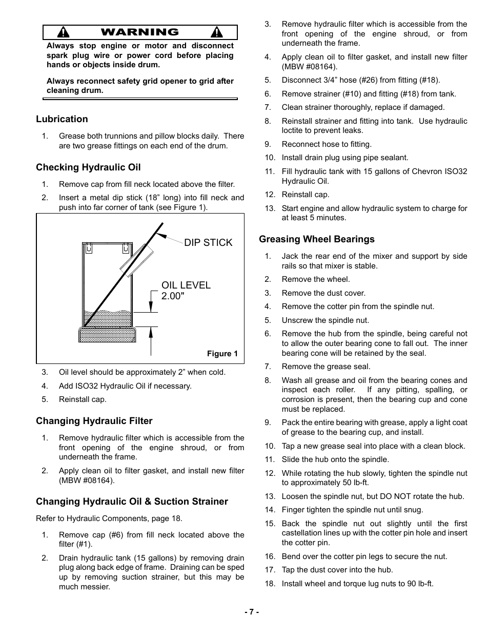 Lubrication, Checking hydraulic oil, Changing hydraulic filter | Changing hydraulic oil & suction strainer, Greasing wheel bearings | MBW MM121 User Manual | Page 10 / 25