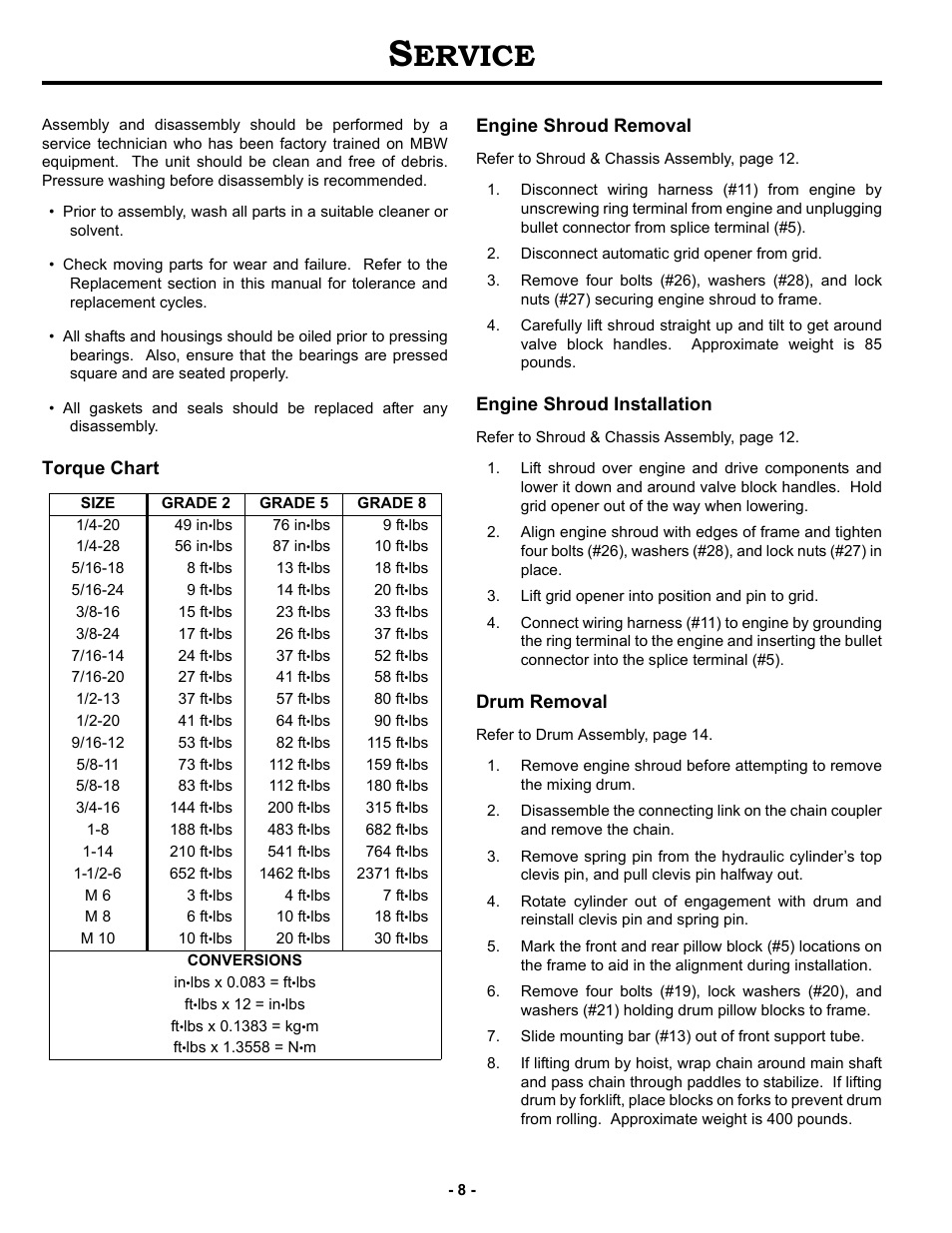 Service, Torque chart, Engine shroud removal | Engine shroud installation, Drum removal, Ervice, Torque chart engine shroud removal | MBW MM121 User Manual | Page 11 / 25
