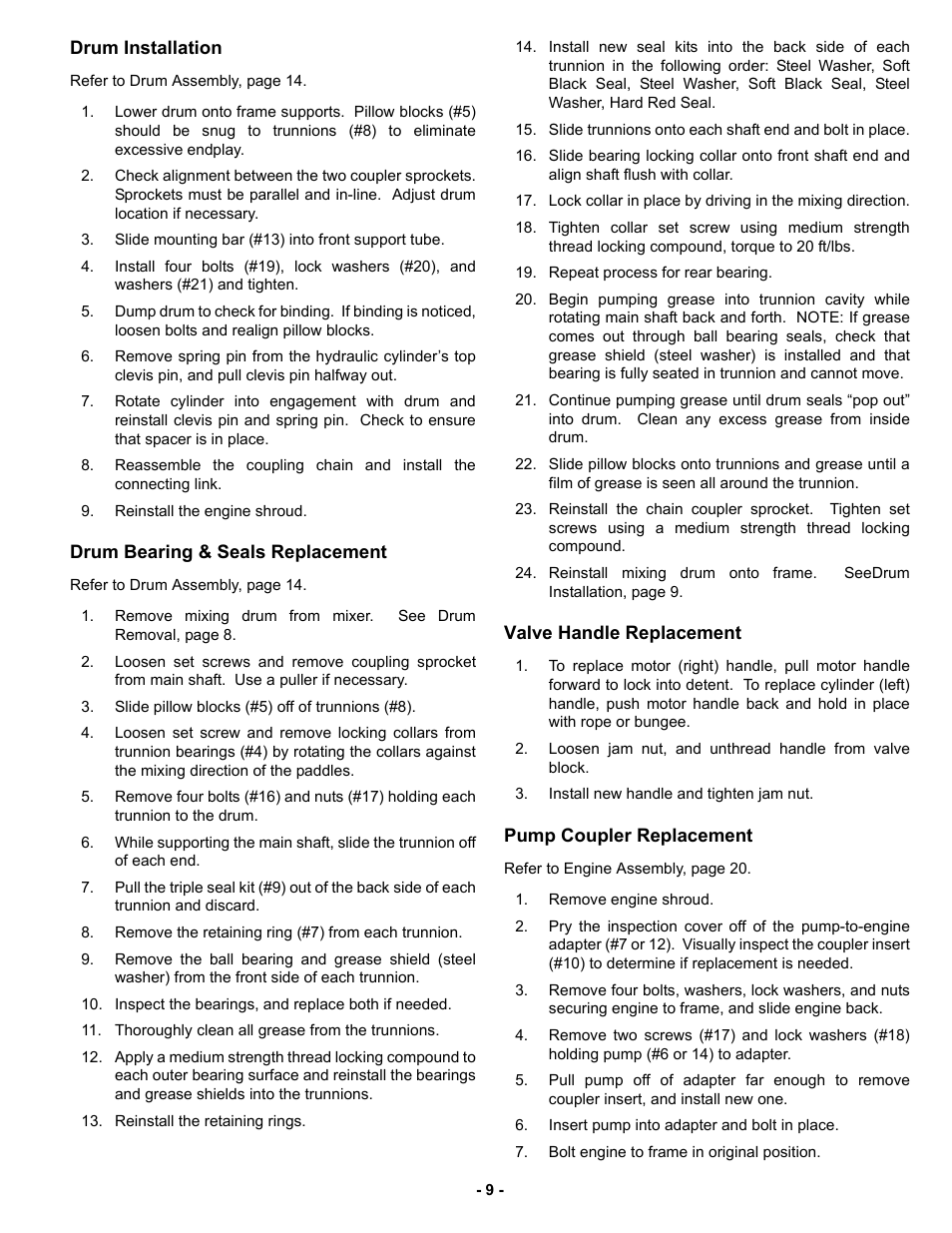Drum installation, Drum bearing & seals replacement, Valve handle replacement | Pump coupler replacement | MBW MM121 User Manual | Page 12 / 25